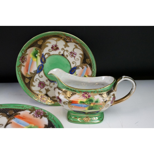 100 - Vintage mid 20th Century Japanese Samurai tea service having a green ground with hand painted detail... 
