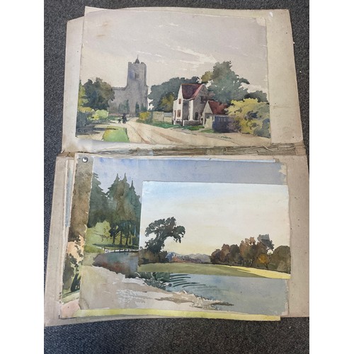 419 - Portfolio containing a selection of landscape watercolours together with a folio of ten Carl Larsson... 