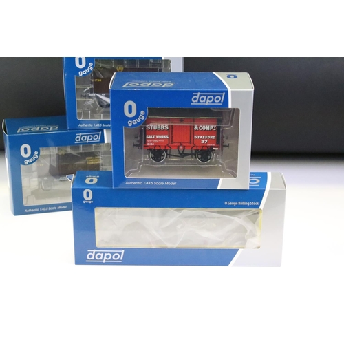 7 - Five boxed Dapol O gauge items of rolling stock to include 7F-018-002 Salt Van Stubbs & Co, 2 x 7F-0... 