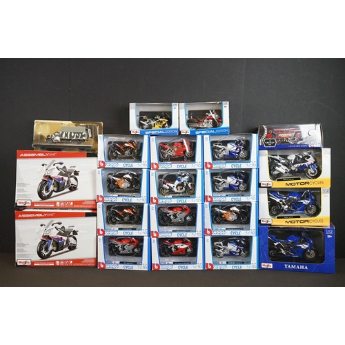 1022 - 19 Boxed diecast model motorbikes to include 12 x Burago 1/10 Cycle and 7 x Maisto featuring 2 x Ass... 