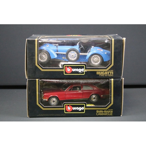 1078 - Five boxed Burago 1/18 scale diecast models to include Bugatti Type 59 1934, Rolls-Royce Camargue, J... 