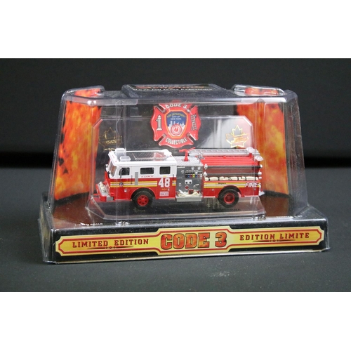 1093 - Seven boxed Code 3 Fire Engine diecast models to include City Of Newark, City Of New York, City Of D... 