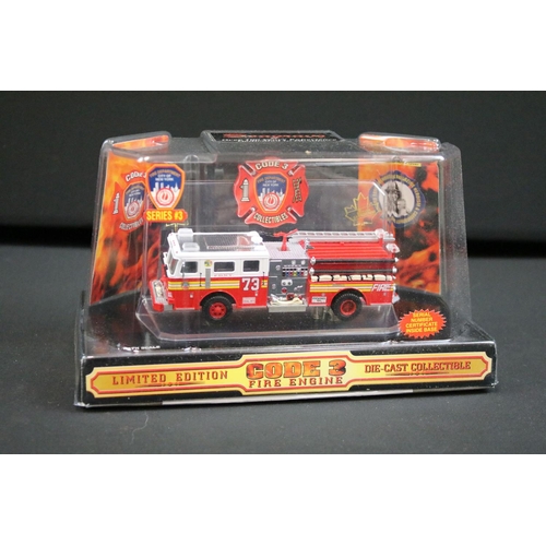 1093 - Seven boxed Code 3 Fire Engine diecast models to include City Of Newark, City Of New York, City Of D... 