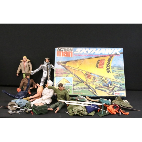 304 - Action Man - Six Palitoy Action Man figures with a quantity of weapons, empty Skyhawk box, clothing,... 