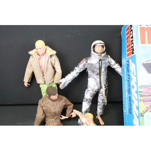 304 - Action Man - Six Palitoy Action Man figures with a quantity of weapons, empty Skyhawk box, clothing,... 