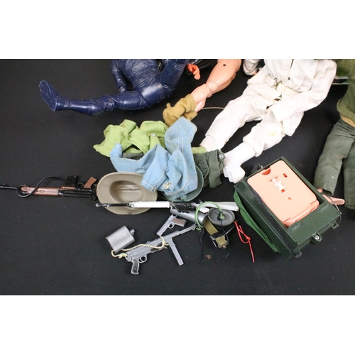 304 - Action Man - Six Palitoy Action Man figures with a quantity of weapons, empty Skyhawk box, clothing,... 