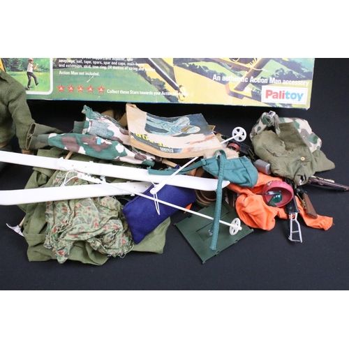 304 - Action Man - Six Palitoy Action Man figures with a quantity of weapons, empty Skyhawk box, clothing,... 