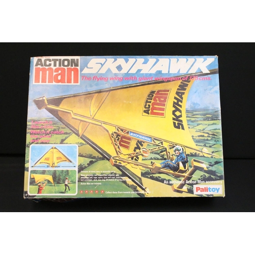 304 - Action Man - Six Palitoy Action Man figures with a quantity of weapons, empty Skyhawk box, clothing,... 