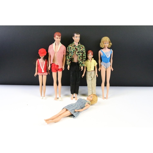 1472 - Six 60s Mattel Barbie dolls featuring Ricky, 2 x Midge, Little Sister, Ken & Allan, dolls dressed an... 