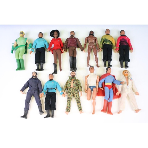 1473 - 13 Mego Tv Related action figures to include Action Jackson, Green Arrow, Star Trek, Superman, Fonzi... 