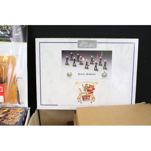 255 - Collection of 24 boxed metal soldiers and various other collectable metal figures to include Britain... 