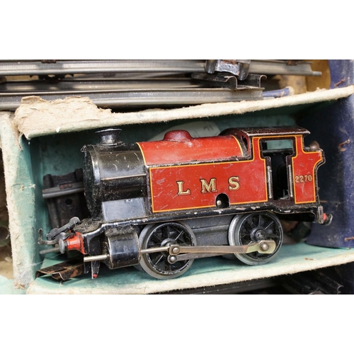 163 - Collection of play worn OO & O gauge model railway to include boxed Hornby O gauge No 201 Tank Goods... 
