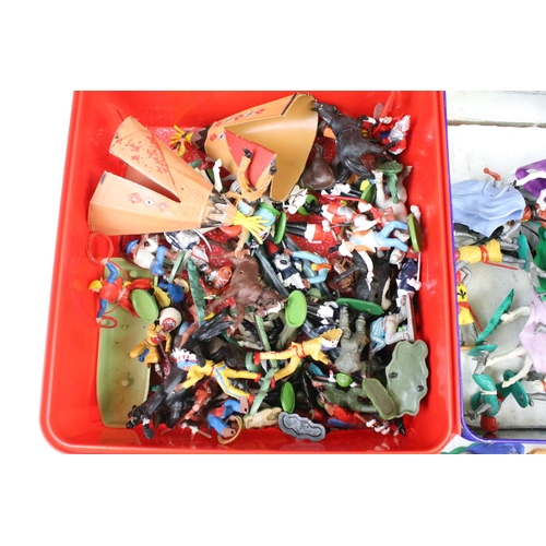 252 - Collection of Timpo / Britains plastic Knights & Wild West figures in varying conditions (2 boxes)