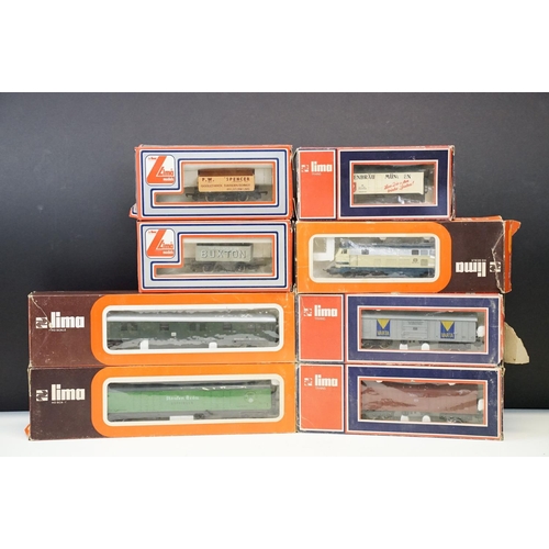 114 - Boxed Lima OO gauge DB 218-218-6 locomotive plus 7 x boxed Lima items of rolling stock, tatty boxes ... 