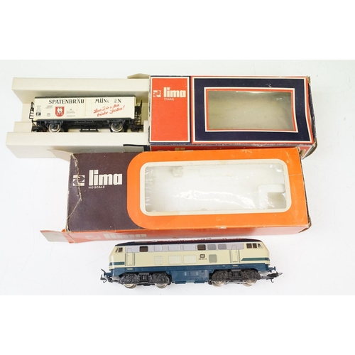 114 - Boxed Lima OO gauge DB 218-218-6 locomotive plus 7 x boxed Lima items of rolling stock, tatty boxes ... 