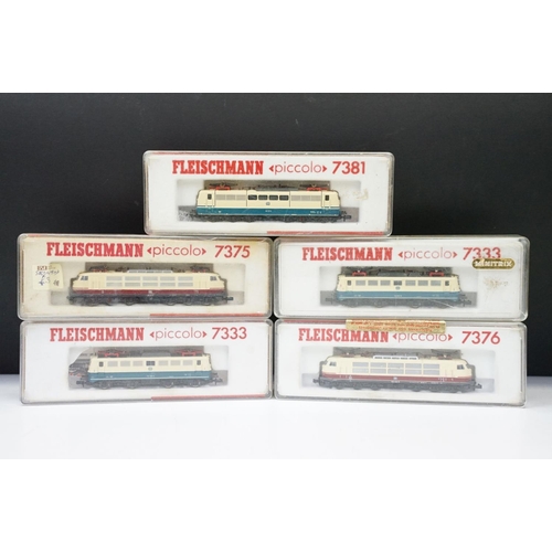 81 - Five cased Fleischmann Piccolo N gauge locomotives to include 2 x 7333, 7375, 7376 & 7381