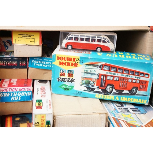 266 - 26 Boxed plastic / metal Friction models featuring buses & trains, vg overall