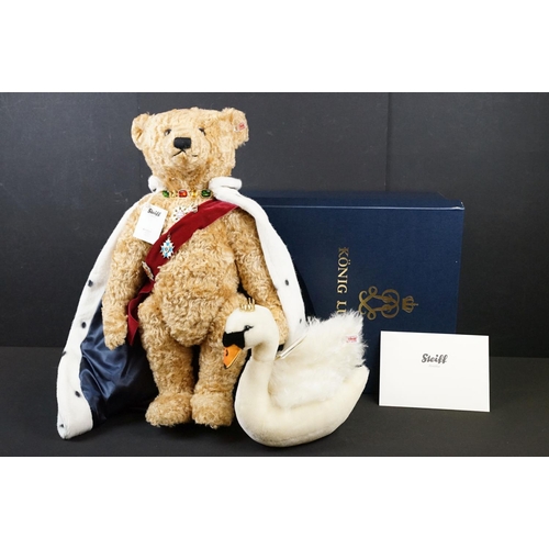 330 - Boxed Steiff Ludwig II teddy bear, COA present (673627) with swan (673627), tearing to box lid