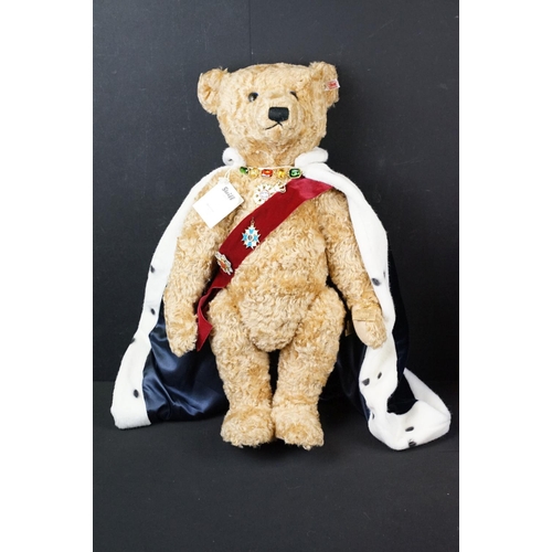 330 - Boxed Steiff Ludwig II teddy bear, COA present (673627) with swan (673627), tearing to box lid