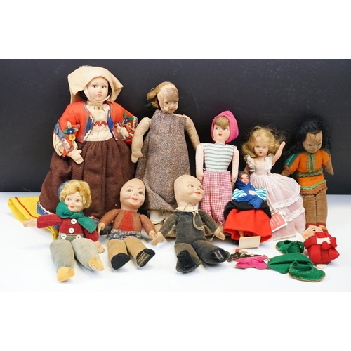 332 - Collection of 11 dolls to include 4 x Norah Wellings cloth doll examples featuring a native American... 