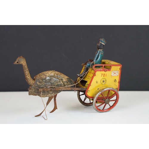 362 - Original Early 20th C Lehmann German lithographed tinplate clockwork 721 Zulu Ostrich Mail cart with... 