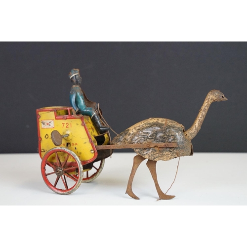 362 - Original Early 20th C Lehmann German lithographed tinplate clockwork 721 Zulu Ostrich Mail cart with... 