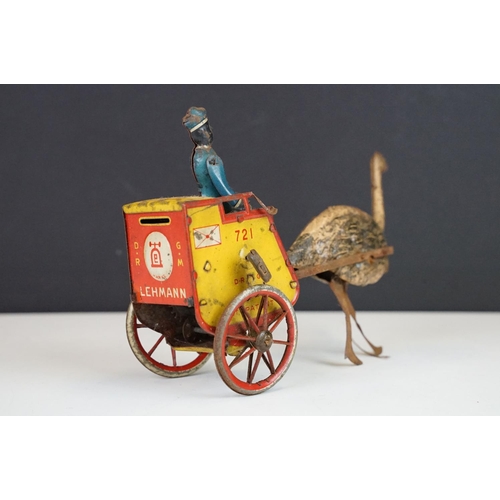 362 - Original Early 20th C Lehmann German lithographed tinplate clockwork 721 Zulu Ostrich Mail cart with... 