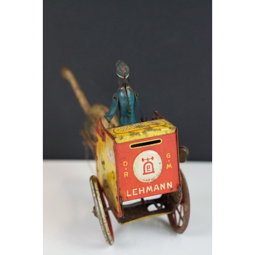 362 - Original Early 20th C Lehmann German lithographed tinplate clockwork 721 Zulu Ostrich Mail cart with... 