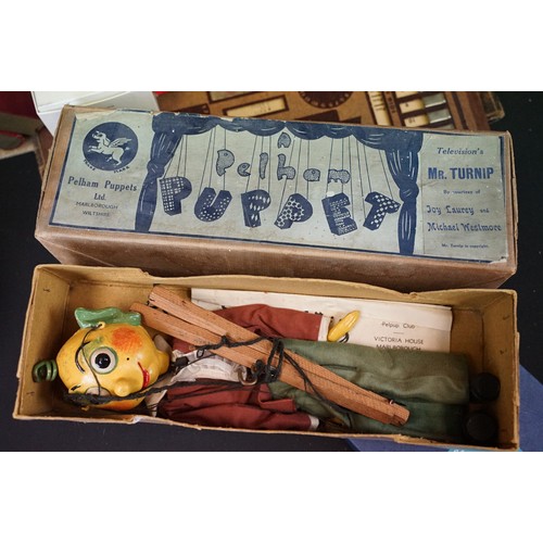 316 - Collection of various mixed toys and games to include 3 x boxed Pelham Puppets to include Mr Turnip,... 