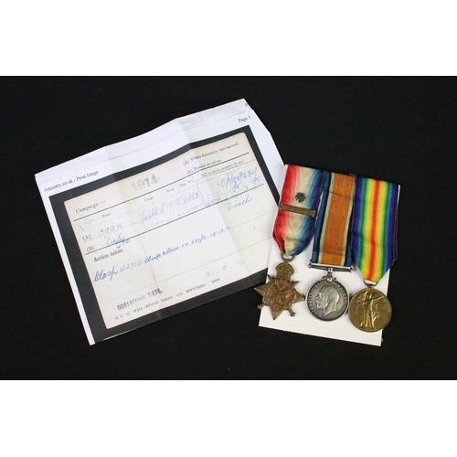 145 - First World War medal group to include 1914 star, War medal and Victory medal with original ribbons ... 