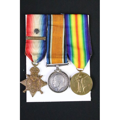 145 - First World War medal group to include 1914 star, War medal and Victory medal with original ribbons ... 