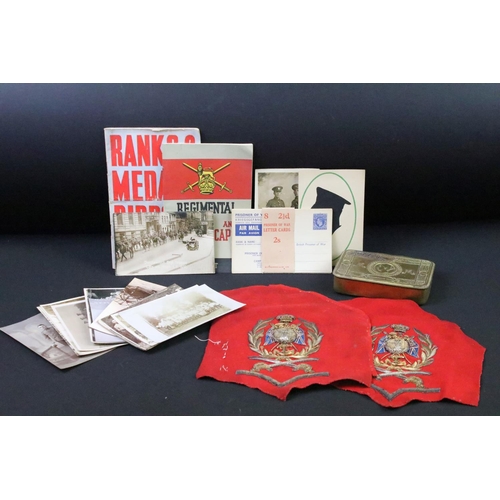 223 - A British World War One Christmas 1914 Princess Mary brass gift tin together with two braided cloth ... 