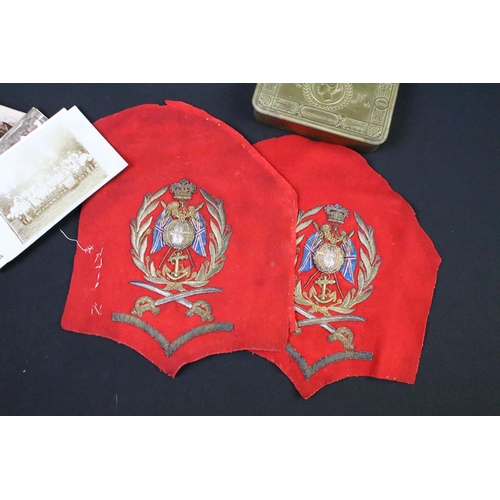 223 - A British World War One Christmas 1914 Princess Mary brass gift tin together with two braided cloth ... 