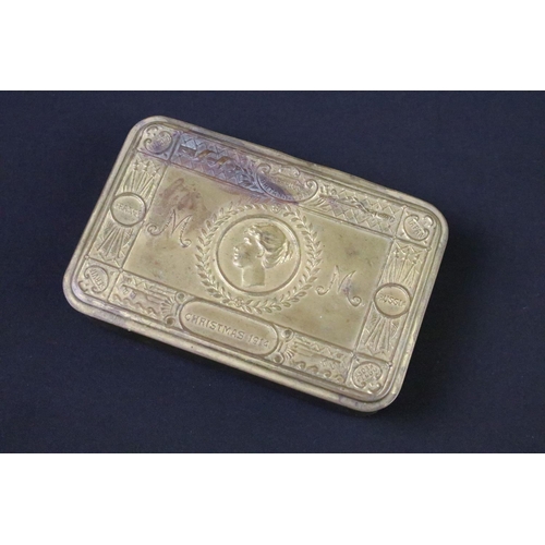 223 - A British World War One Christmas 1914 Princess Mary brass gift tin together with two braided cloth ... 
