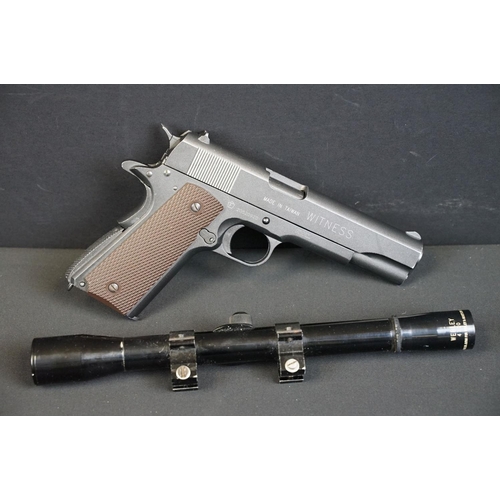 132 - A contemporary gas powered air pistol together with a Webley 4 x 20 telescopic sight.