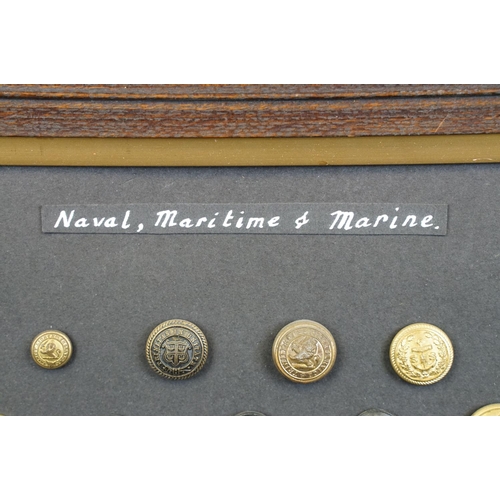 169 - A framed collection of Naval, Maritime and Marine buttons to include QVC and Kings crown examples.