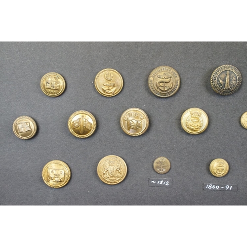 169 - A framed collection of Naval, Maritime and Marine buttons to include QVC and Kings crown examples.