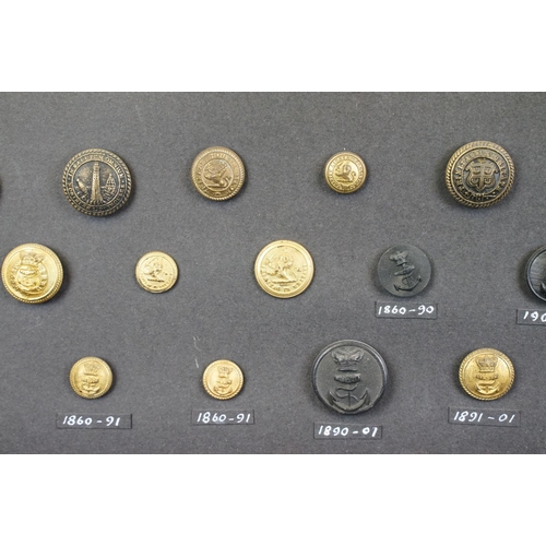 169 - A framed collection of Naval, Maritime and Marine buttons to include QVC and Kings crown examples.