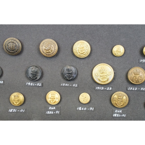 169 - A framed collection of Naval, Maritime and Marine buttons to include QVC and Kings crown examples.