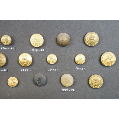 169 - A framed collection of Naval, Maritime and Marine buttons to include QVC and Kings crown examples.