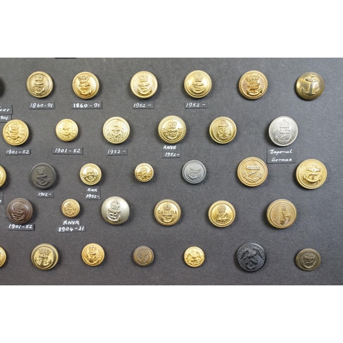 169 - A framed collection of Naval, Maritime and Marine buttons to include QVC and Kings crown examples.