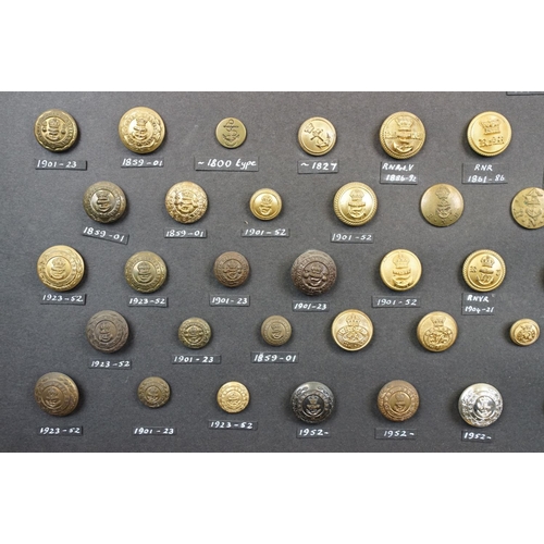 169 - A framed collection of Naval, Maritime and Marine buttons to include QVC and Kings crown examples.