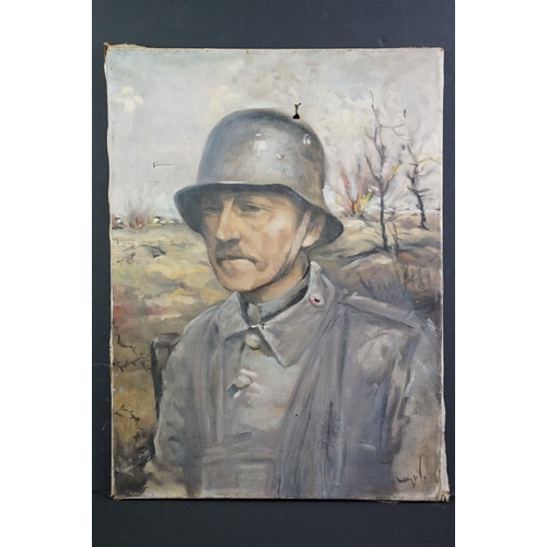 209 - A World War One oil on canvas painting of a German soldier in steel helmet.