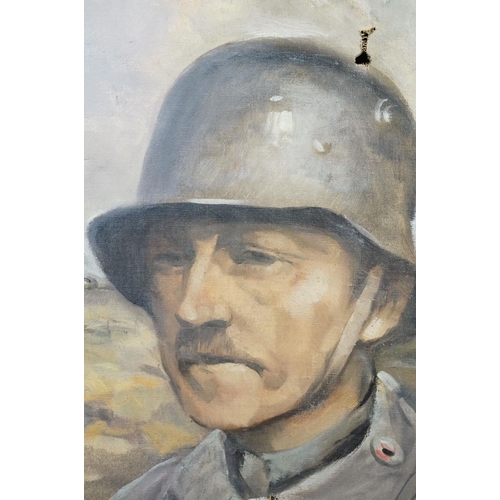 209 - A World War One oil on canvas painting of a German soldier in steel helmet.
