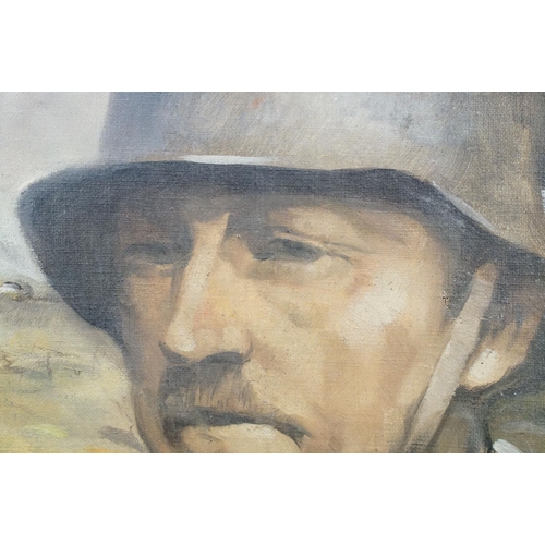 209 - A World War One oil on canvas painting of a German soldier in steel helmet.