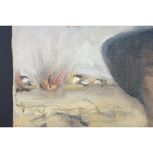 209 - A World War One oil on canvas painting of a German soldier in steel helmet.