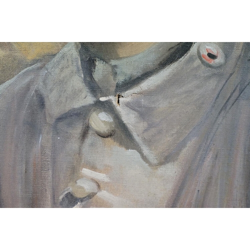 209 - A World War One oil on canvas painting of a German soldier in steel helmet.