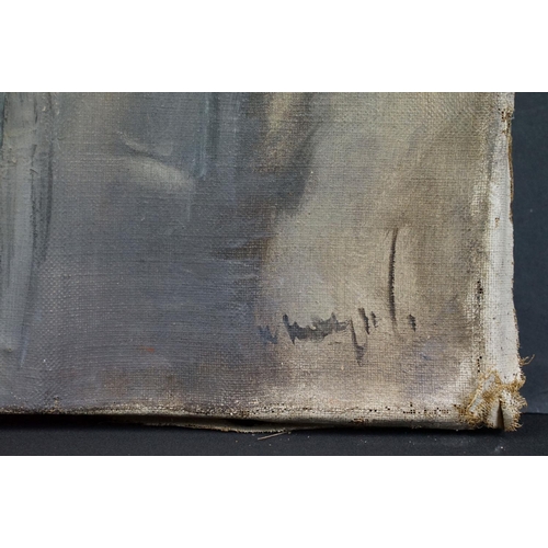 209 - A World War One oil on canvas painting of a German soldier in steel helmet.