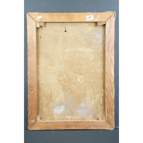 209 - A World War One oil on canvas painting of a German soldier in steel helmet.