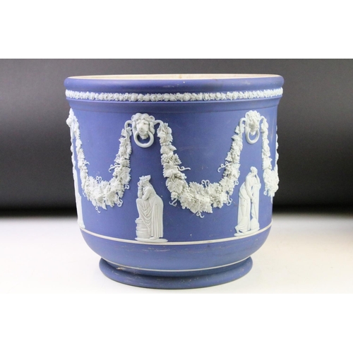 10 - Wedgwood Jasperware blue planter of circular form, decorated with maidens & garlands, approx 23.5cm ... 